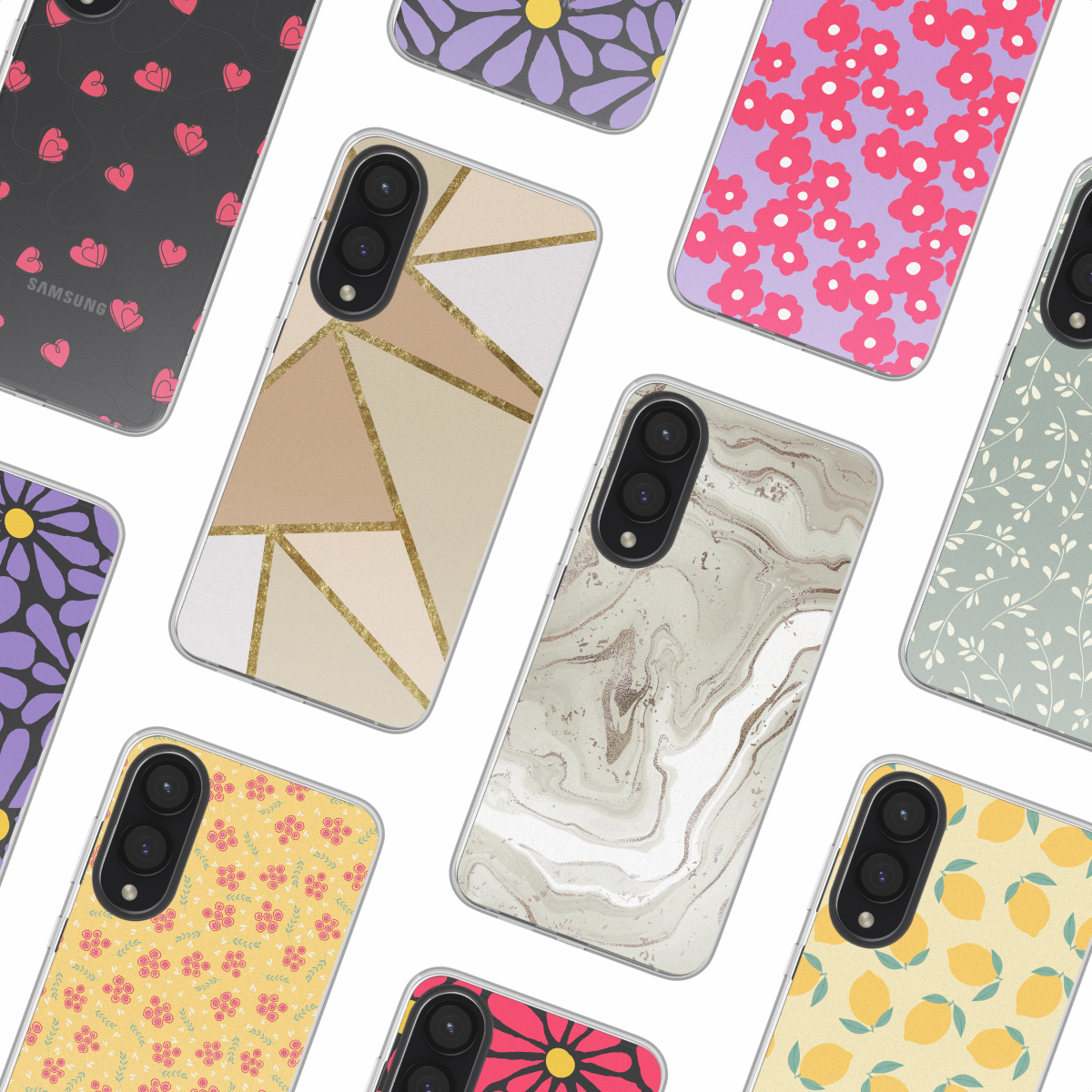 Een verzameling verschillende telefoonhoesjes met verschillende patronen en ontwerpen wordt weergegeven.