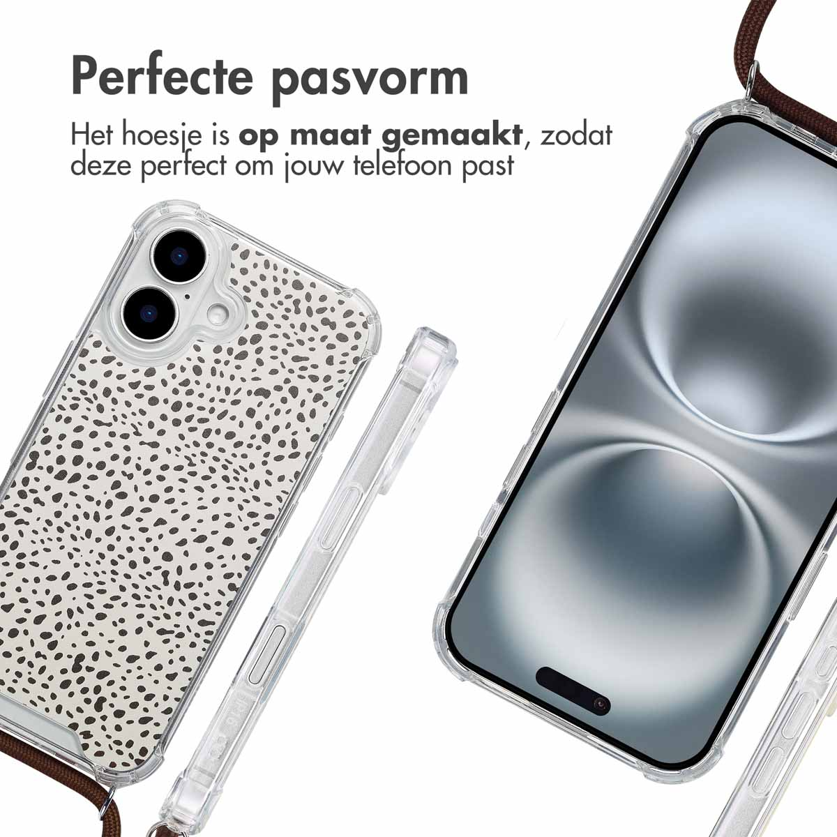 Twee telefoons met hoesjes worden weergegeven. Eén heeft een bruin en wit stippenpatroon. De andere is een doorzichtige telefoon.