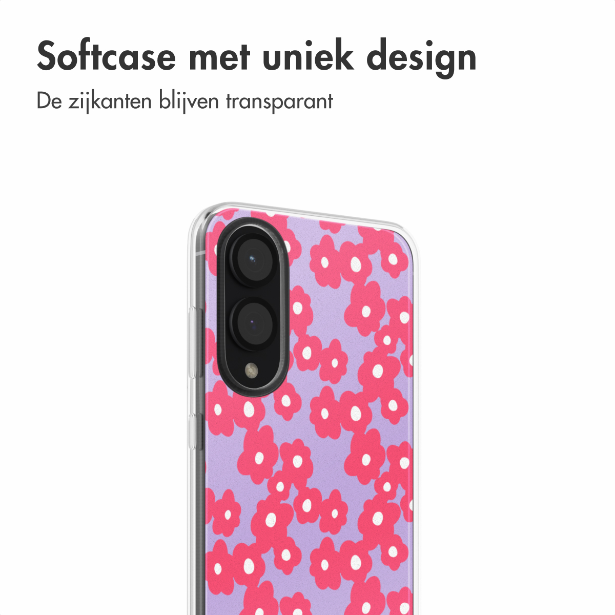 Een telefoonhoesje op een paarse achtergrond is bedekt met kleine rode bloemen met witte centers.