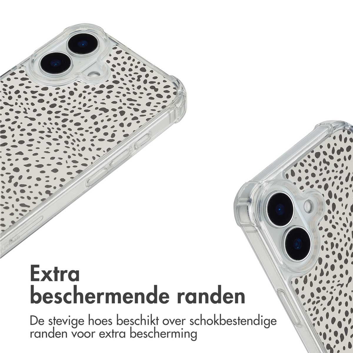 Twee telefoonhoesjes worden weergegeven. Eén heeft een stippenpatroon en de andere is doorzichtig.