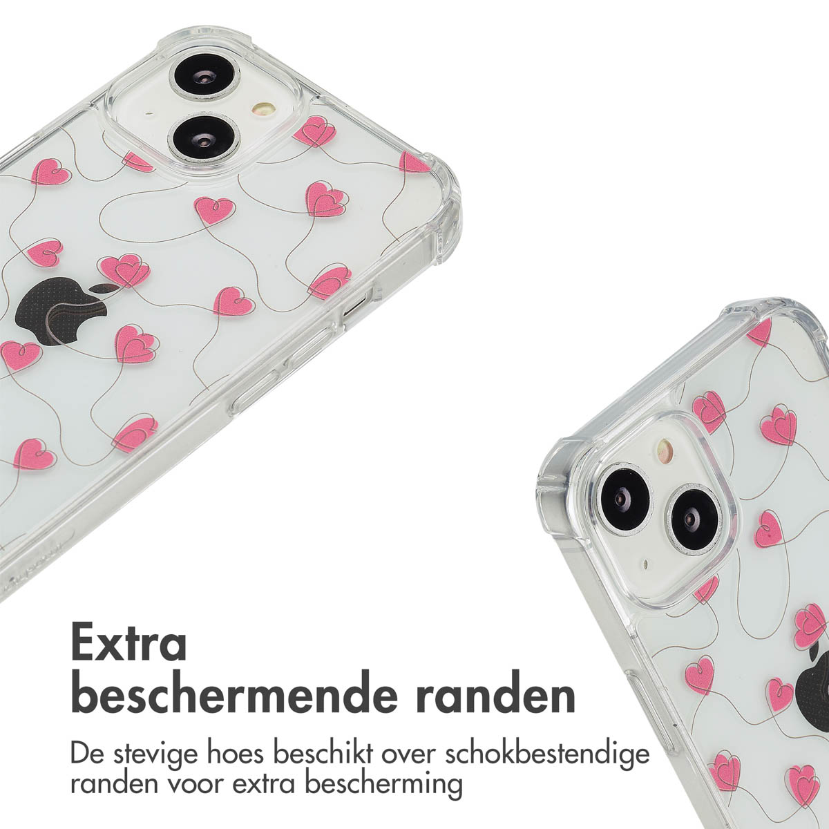 Twee transparante telefoonhoesjes met hartpatronen en een Apple-logo. Tekst zegt 'Extra beschermende randen'. Hoesjes op een wit oppervlak.