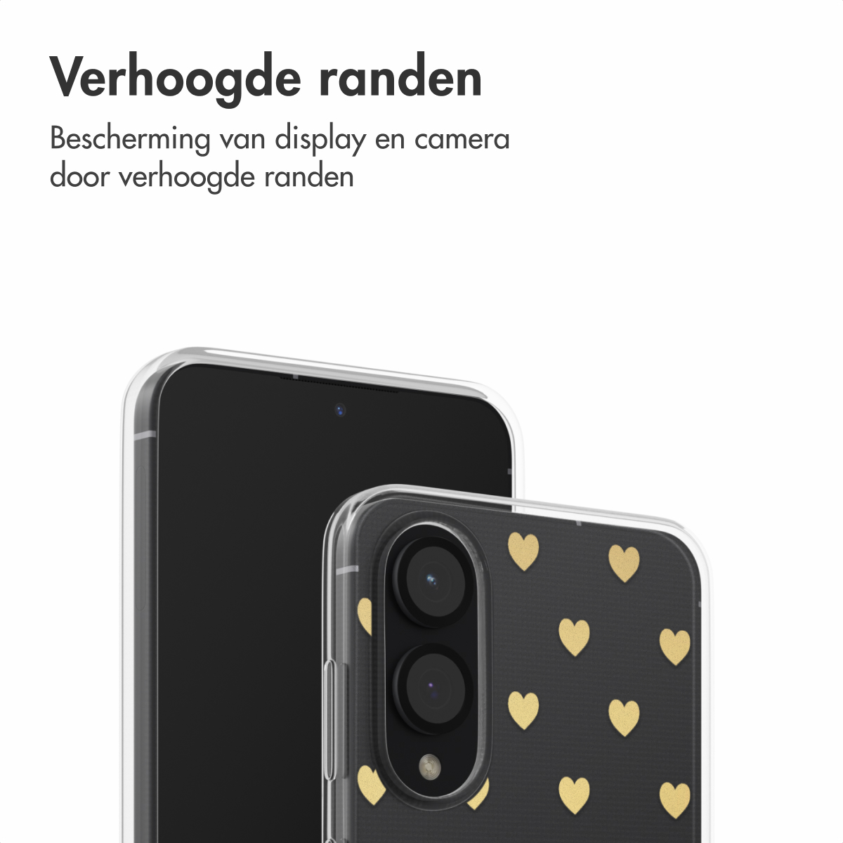 Deux téléphones avec des étuis. Le premier a des cœurs dorés sur fond noir. Le second est un écran noir.