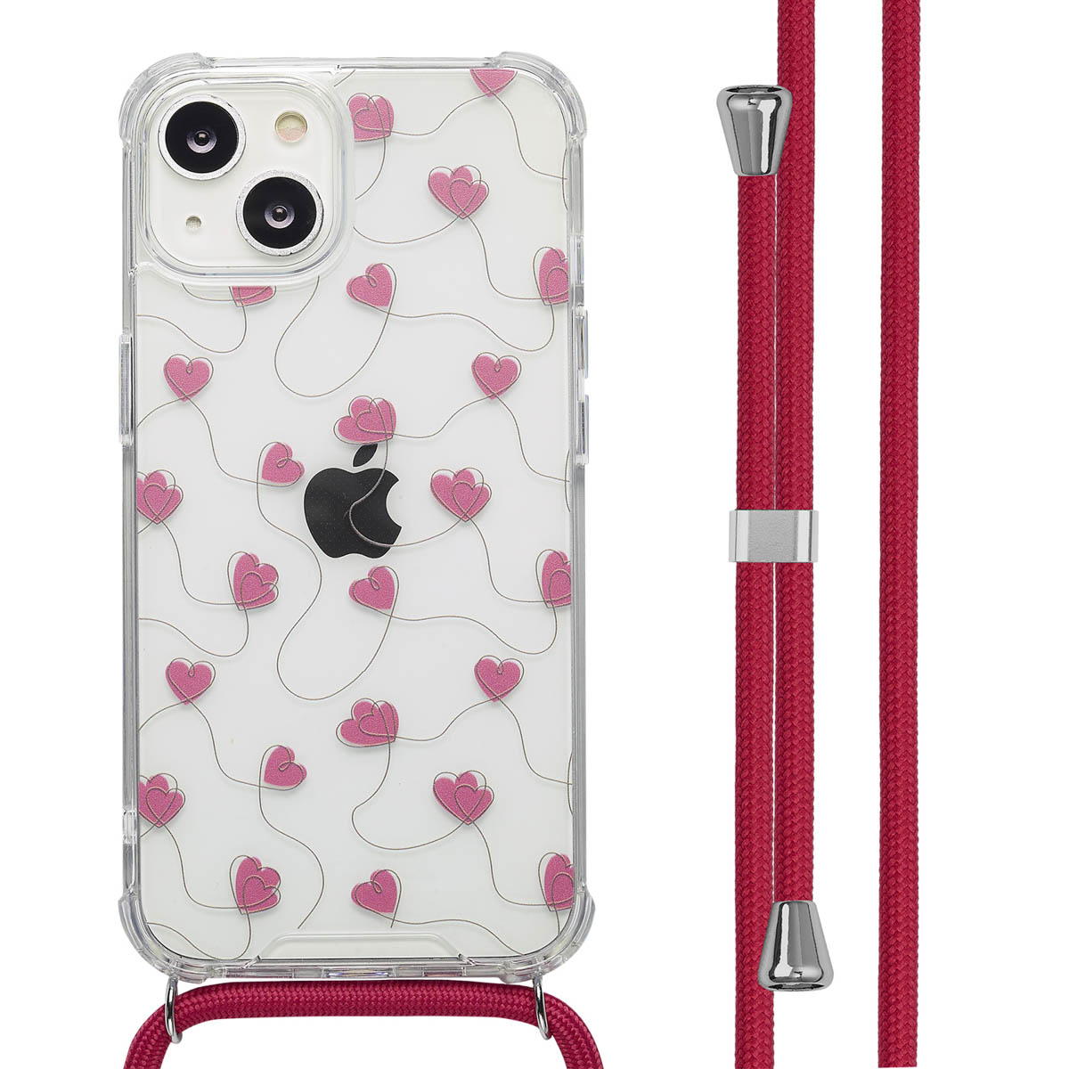 Een telefoon zit in een doorzichtig hoesje met roze hartjes. Er is een rood koord aan bevestigd.