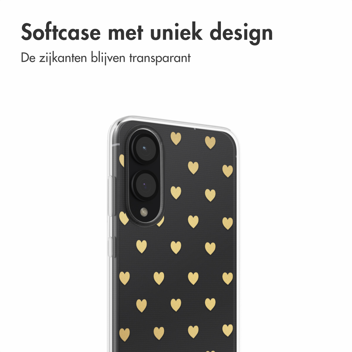 Gros plan d'une coque de téléphone noire avec un motif de cœurs dorés, lentilles de caméra visibles.