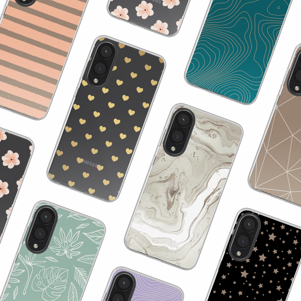 Assortiment de coques de téléphone, différents designs, notamment des cœurs, des feuilles et des motifs géométriques.