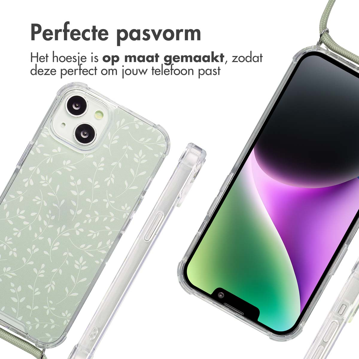 Twee telefoons met hoesjes. Groen bladerpatroon op één, transparant op de andere. Witte achtergrond.