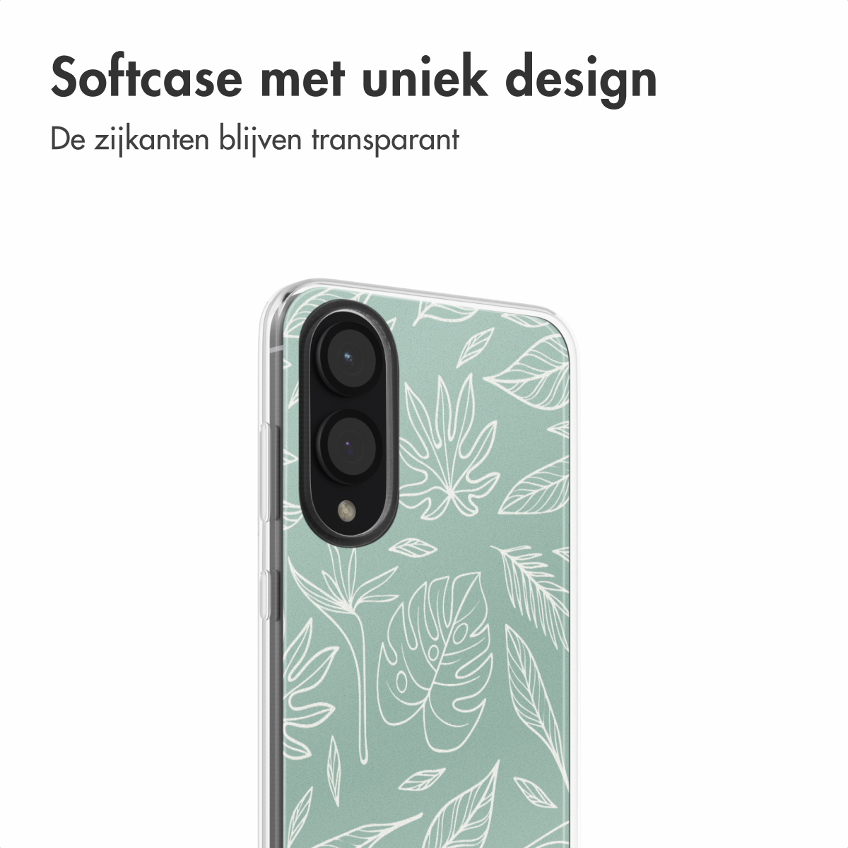 Una custodia per telefono con un design di foglie su uno sfondo menta. Il telefono ha una cornice trasparente.