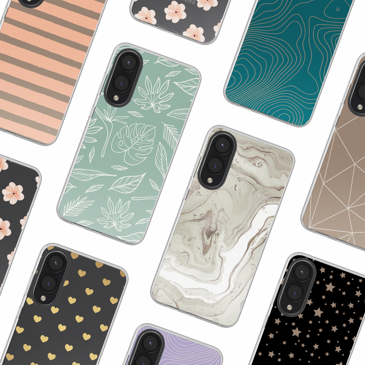 Collezione di custodie per telefoni con vari motivi: strisce, floreale, foglie, marmo, stelle e forme geometriche. Le custodie coprono i telefoni.