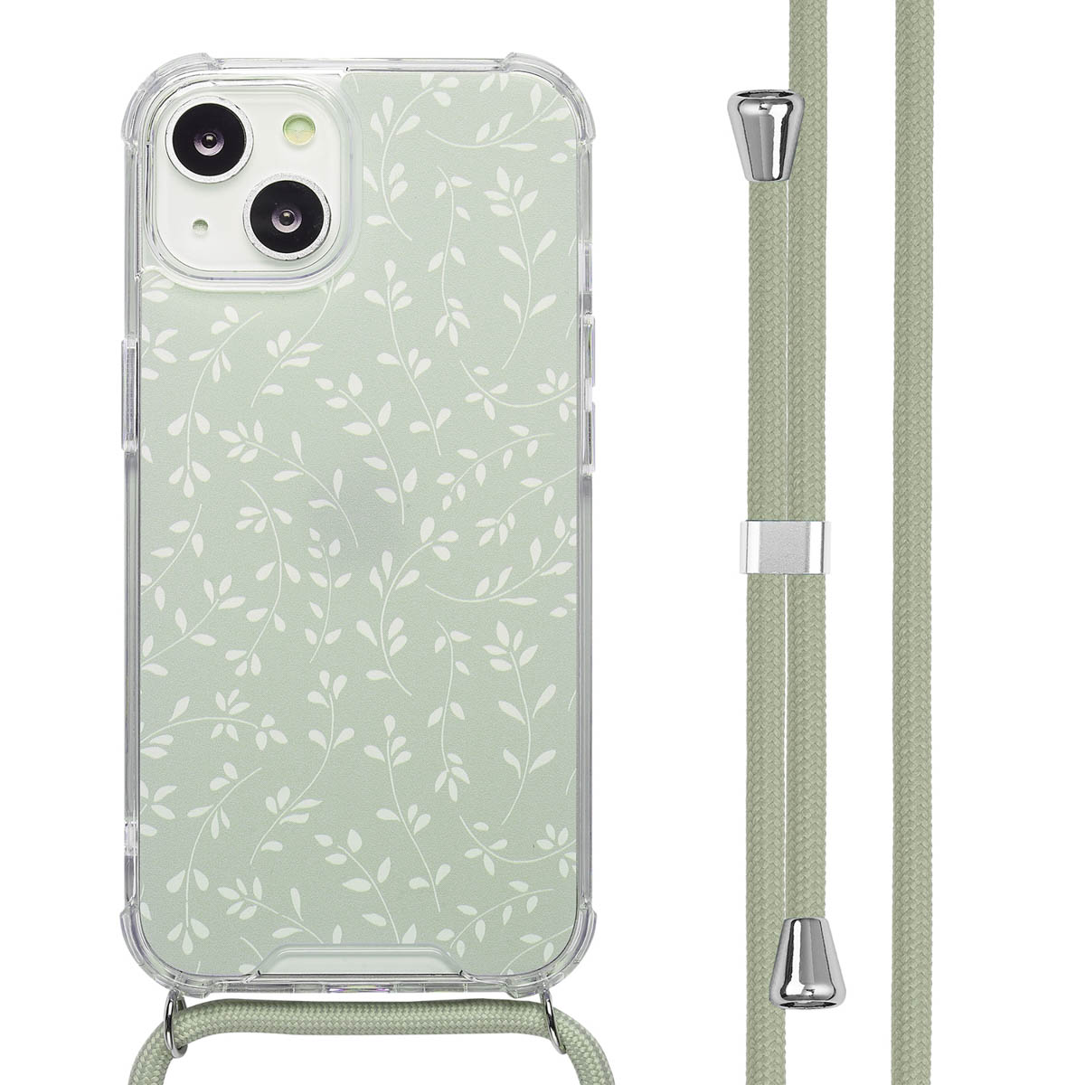 Telefoonhoesje met groen bladerpatroon met een telefoonriem bevestigd, tegen een witte achtergrond.