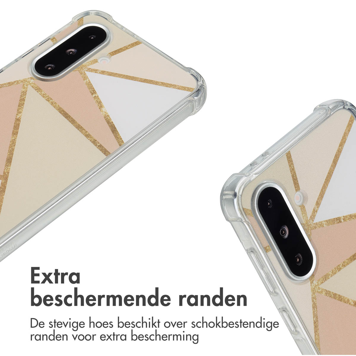 Twee telefoonhoesjes met geometrisch design, met randen voor bescherming en impactbestendigheid.
