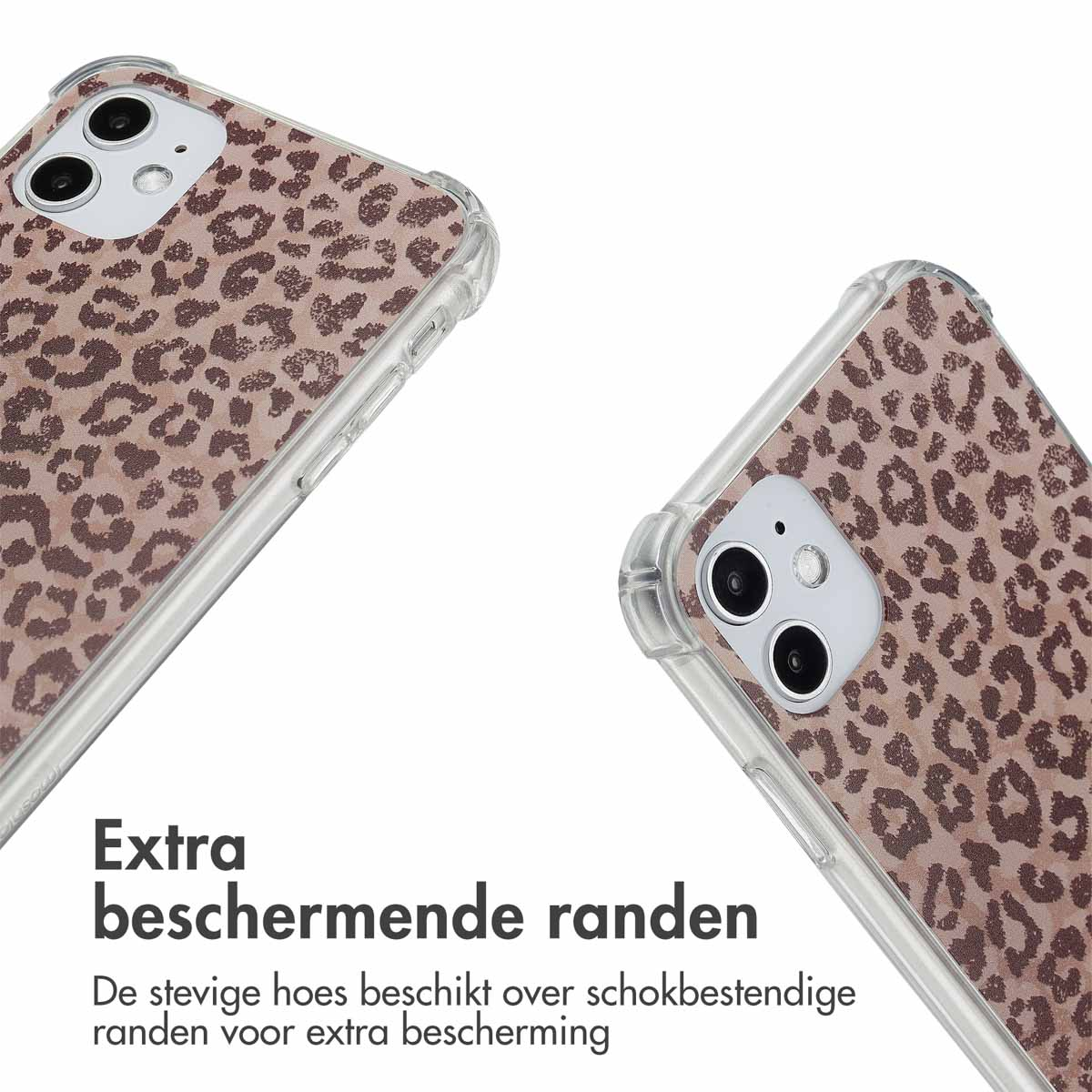 Twee telefoons in hoesjes met luipaardprint. Tekst: 'Extra beschermende randen'.