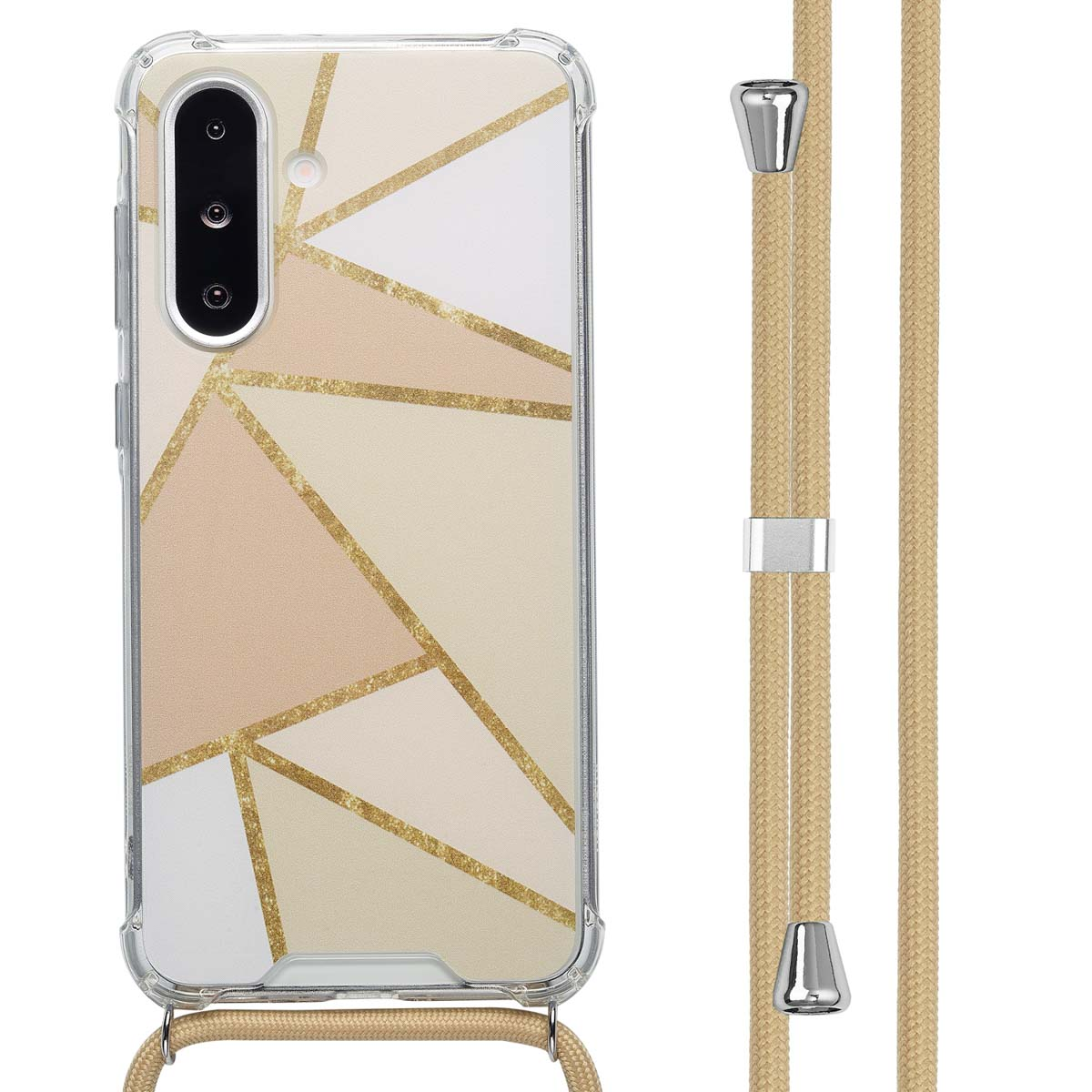 Telefoon met een geometrisch designhoesje, met een telefoonriem bevestigd, tegen een witte achtergrond.