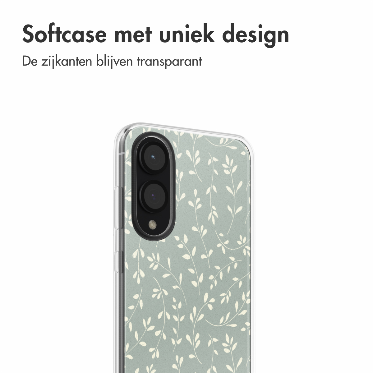 Telefoonhoesje met groen bloemenpatroon op witte achtergrond, transparante zijkanten.
