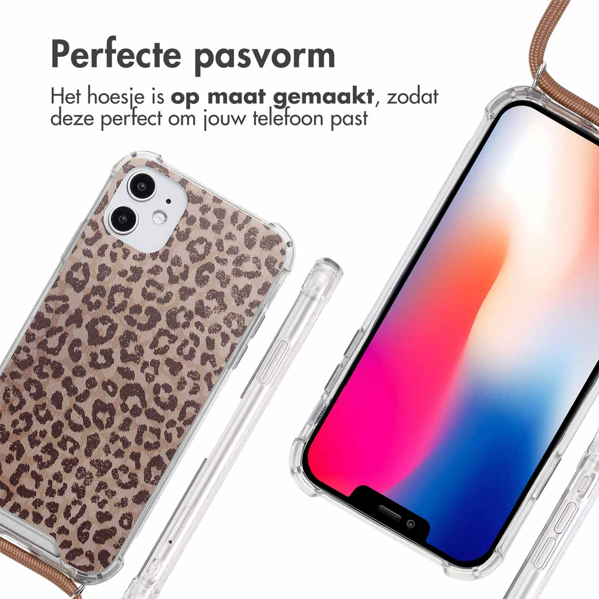 Twee telefoons met luipaardprint telefoonhoesjes, die laten zien hoe de hoesjes passen en eruit zien.