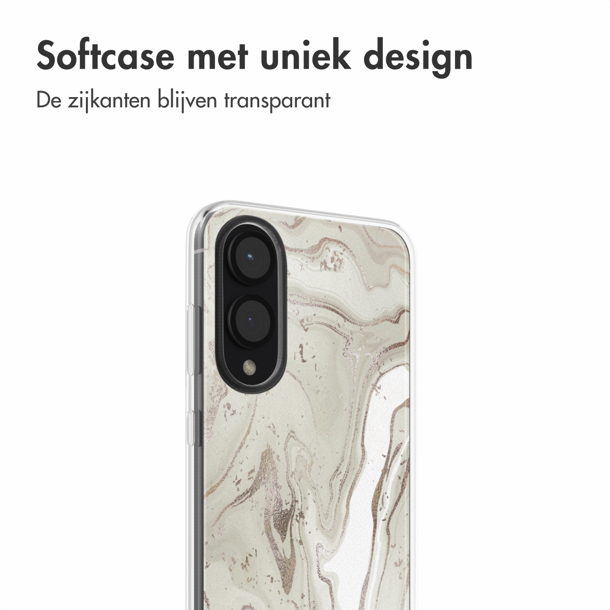 Telefoonhoesje met marmerdesign en transparante zijkanten, close-up.