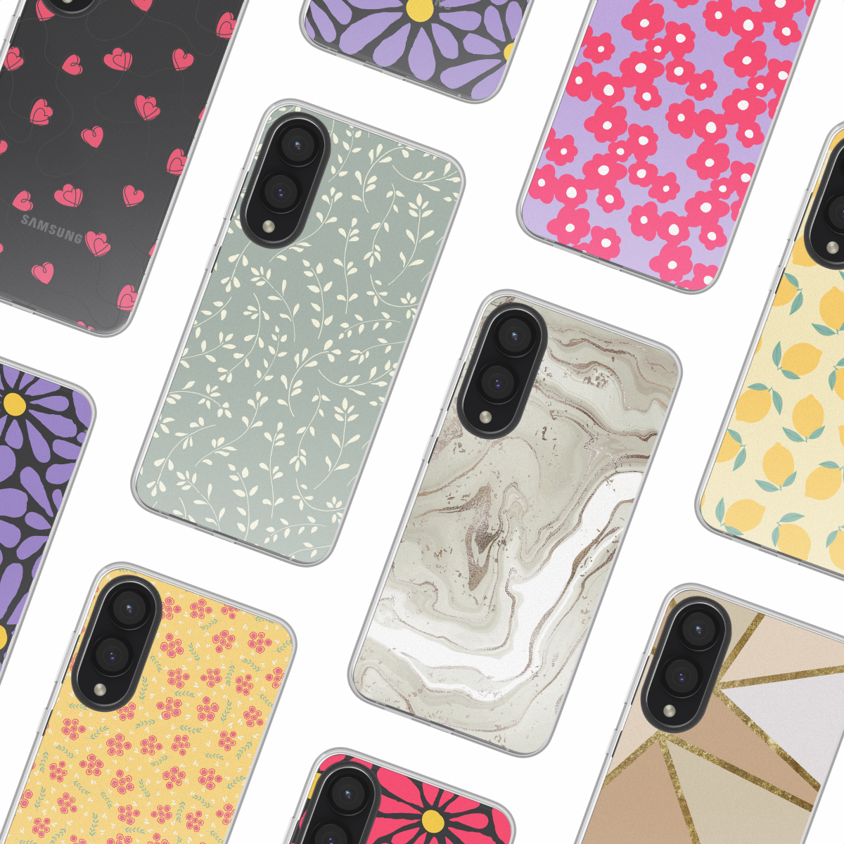 Collectie telefoonhoesjes met meerdere ontwerpen en patronen samen getoond.