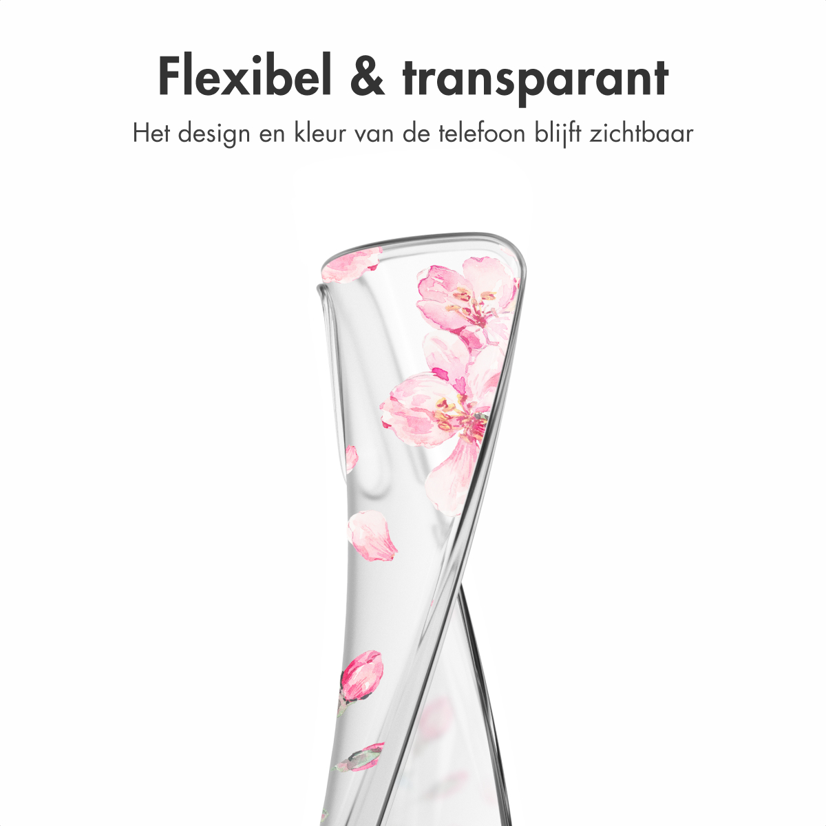 Transparante telefoonhoes met roze bloemen, gebogen om flexibiliteit te tonen.