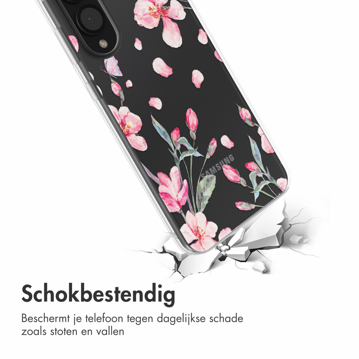 Zwarte telefoonhoes met roze bloemen op zwarte achtergrond, gebarsten grond eronder.
