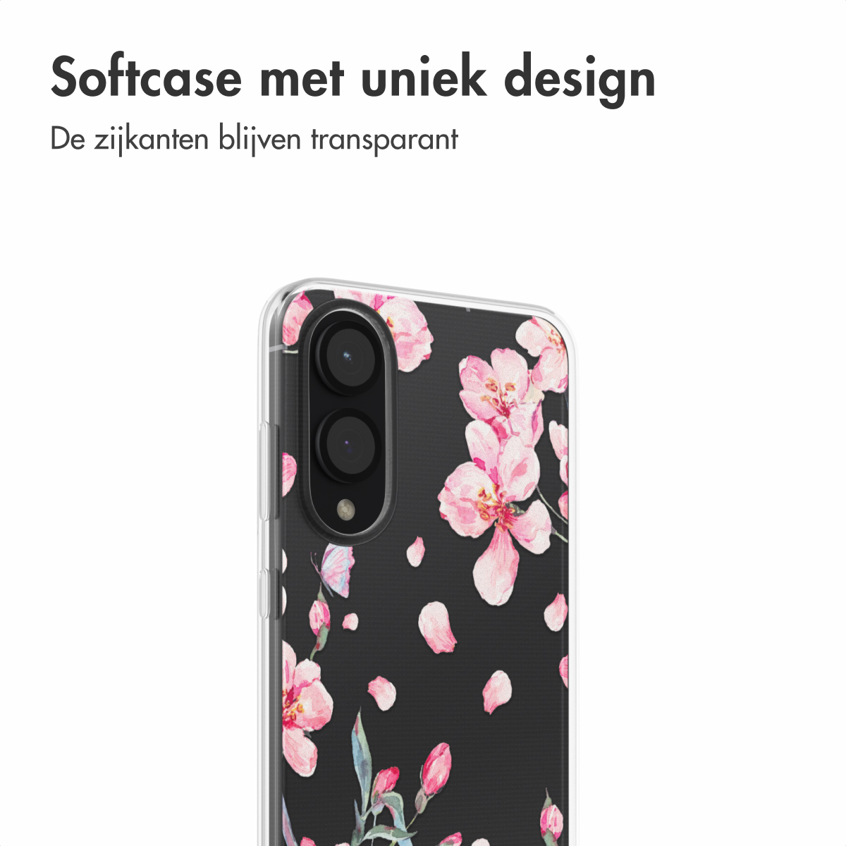 Telefoonhoesje met een bloemenontwerp, transparante zijkanten, close-up.