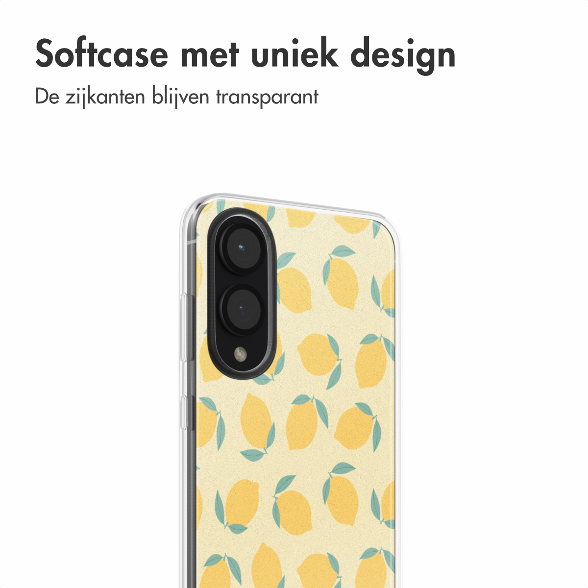 Telefoonhoesje met een citroenpatroon, toont de achterkant en zijkanten van de telefoon.