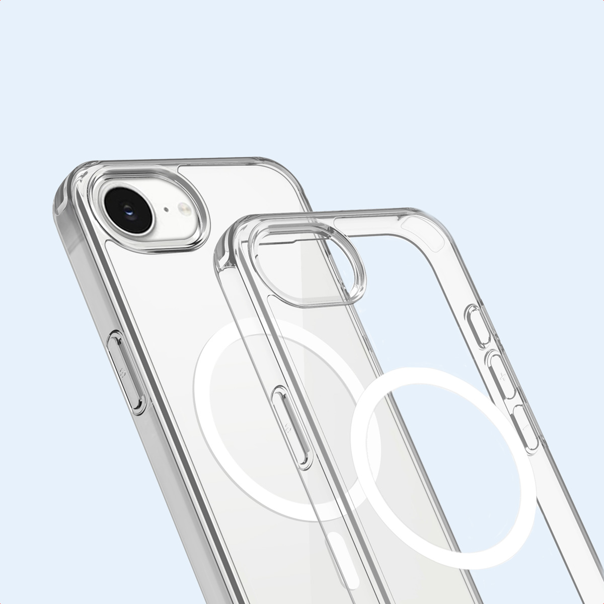 Due custodie trasparenti per telefono. Una con fotocamera nera e cerchio bianco, l'altra senza. Sfondo azzurro.