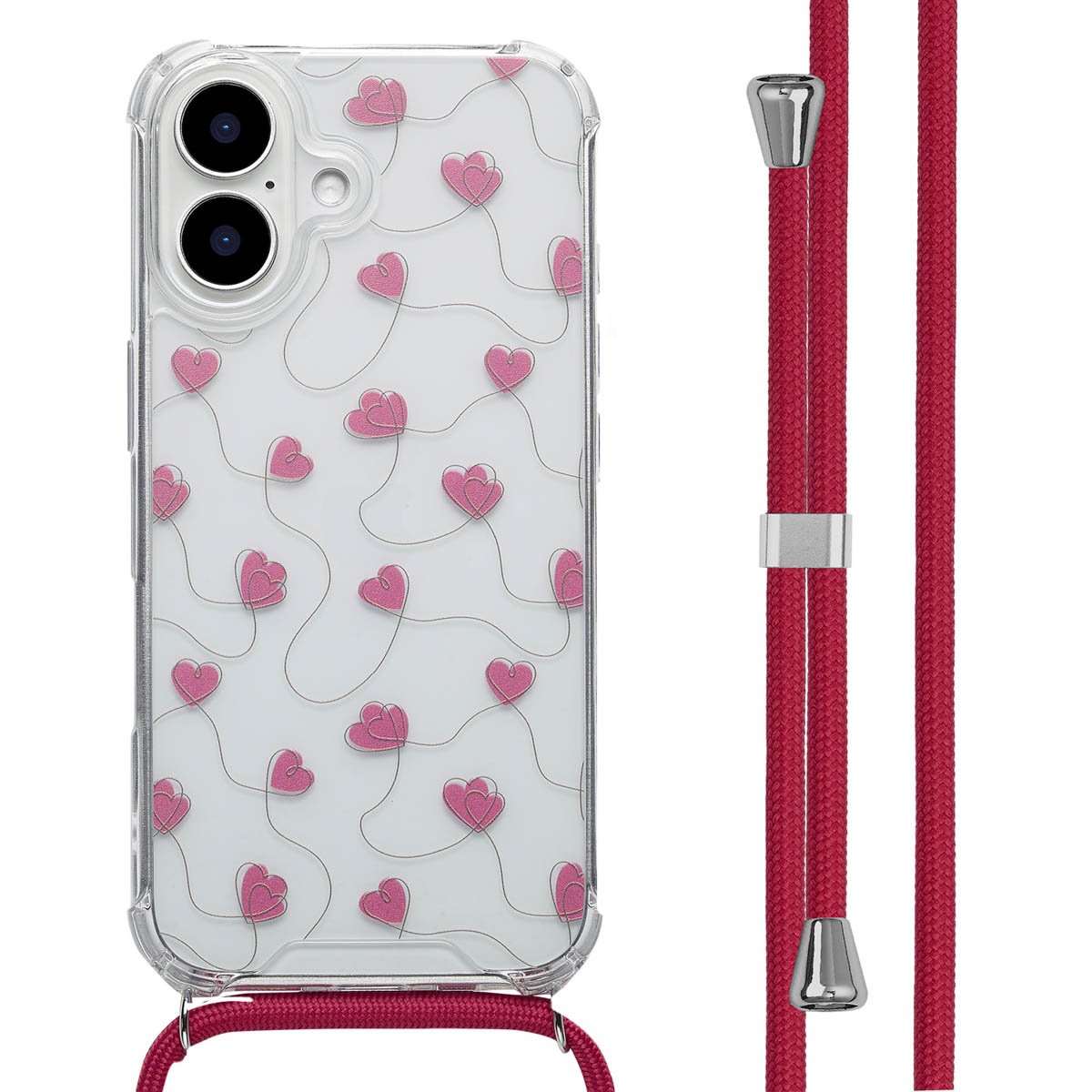 Telefoonhoesje met hartjespatroon en rode lanyard met zilveren accenten, op een witte achtergrond.
