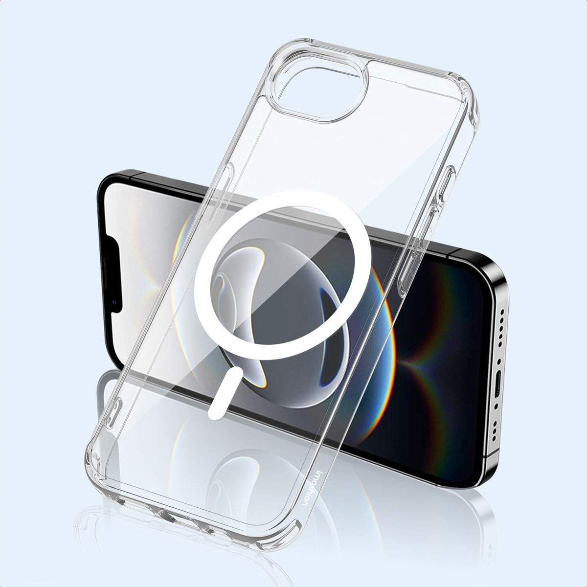 Custodia trasparente con un anello bianco attorno a un telefono nero. Il telefono è su una superficie azzurra.