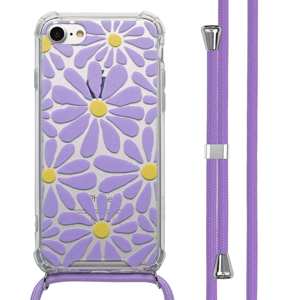 Telefoonhoesje met een madeliefpatroon en een paarse lanyard met zilveren accenten, tegen een witte achtergrond.