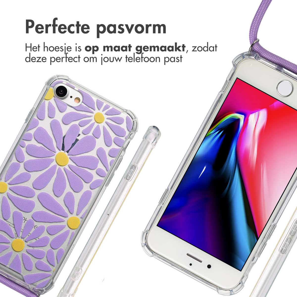 Twee telefoonhoesjes met madeliefdesign, schuin. Eén hoesje met een telefoon erin, de andere leeg. Paarse band zichtbaar.