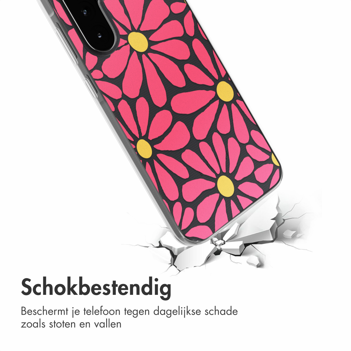 Coque de téléphone avec des fleurs de marguerite roses et fond blanc. La coque casse le sol.