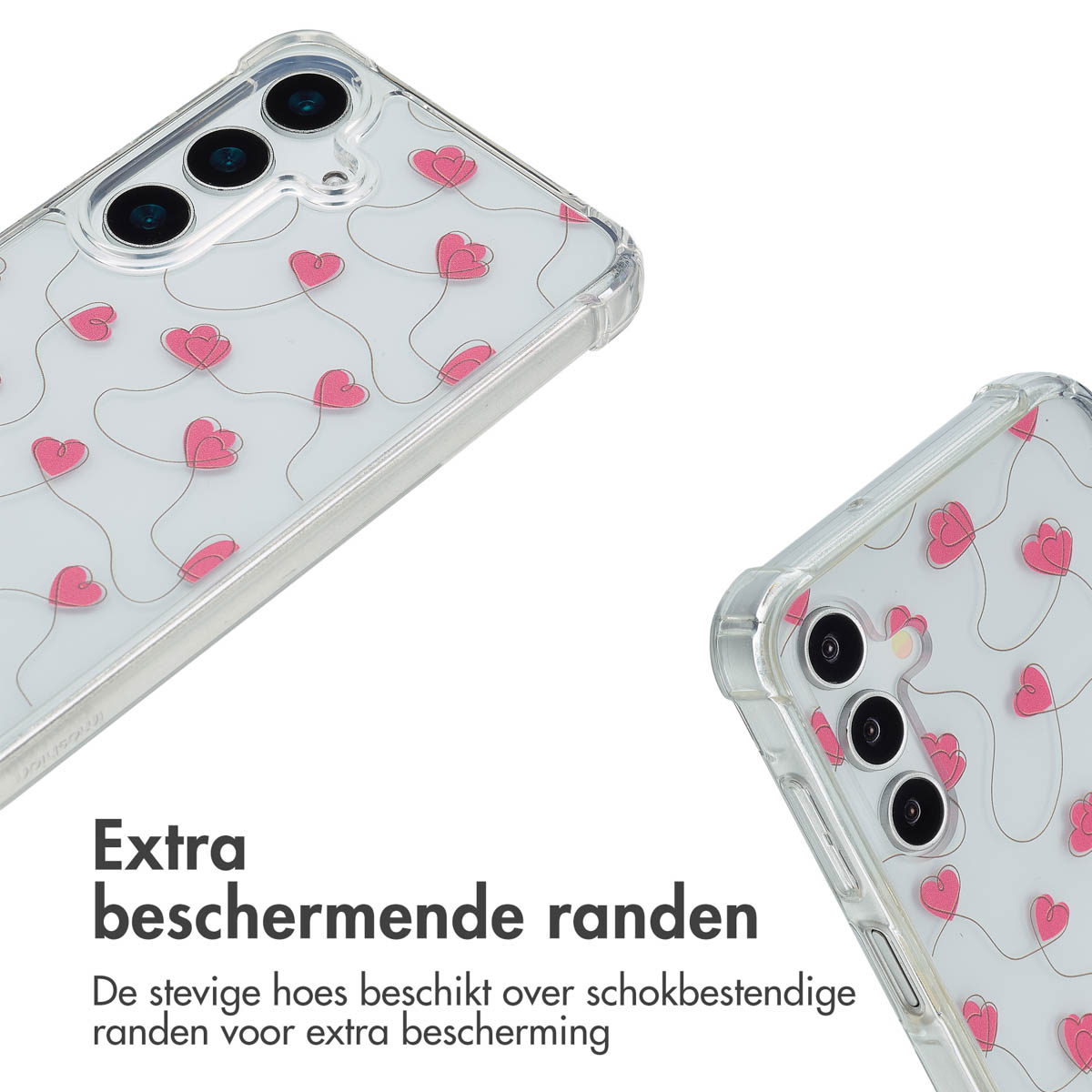 Due custodie per telefono con motivo a cuori. Custodie trasparenti con cuori rosa.