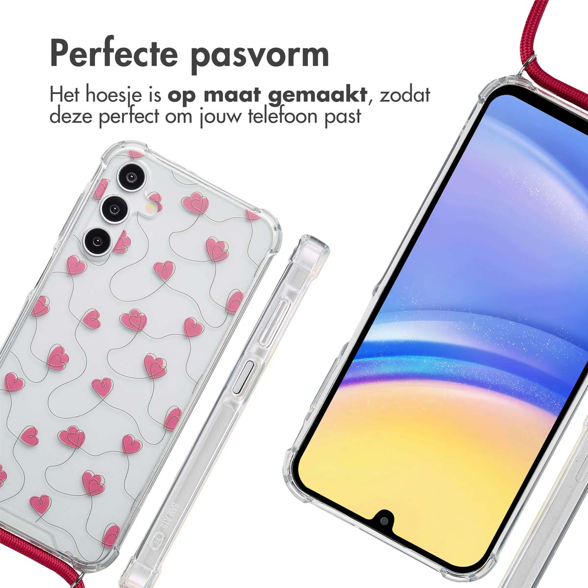 Due custodie per telefono con design a cuore, angolate. Una custodia con telefono dentro, l'altra vuota. Cinturino rosso visibile.