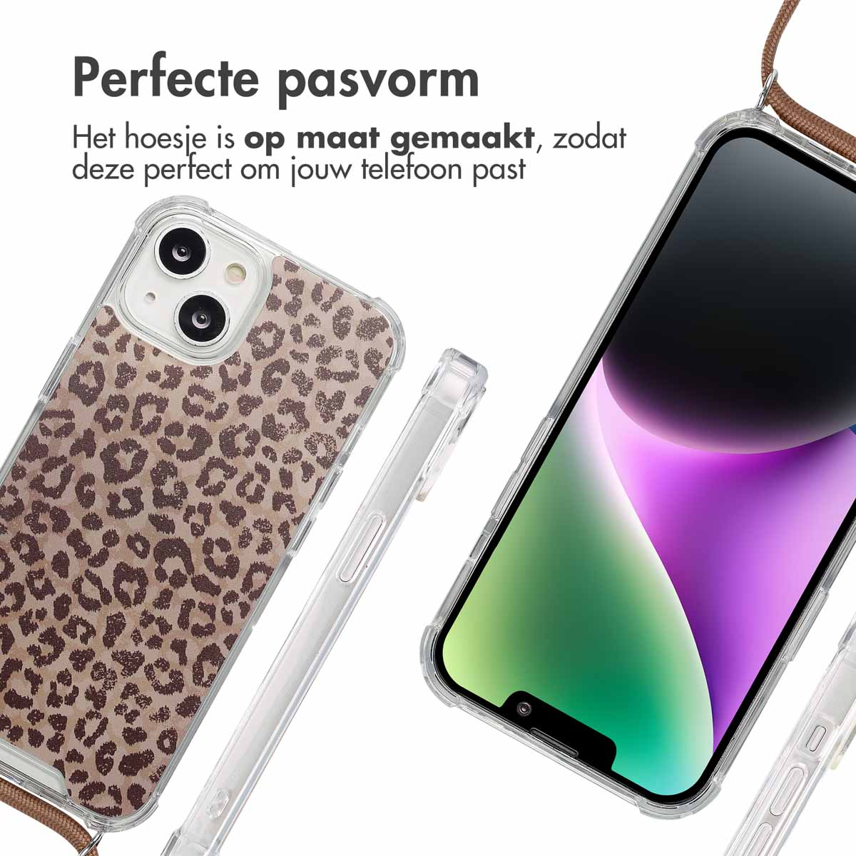 Deux coques de téléphone avec un imprimé léopard, en angle. Une coque avec un téléphone à l'intérieur, l'autre vide. Sangle marron visible.