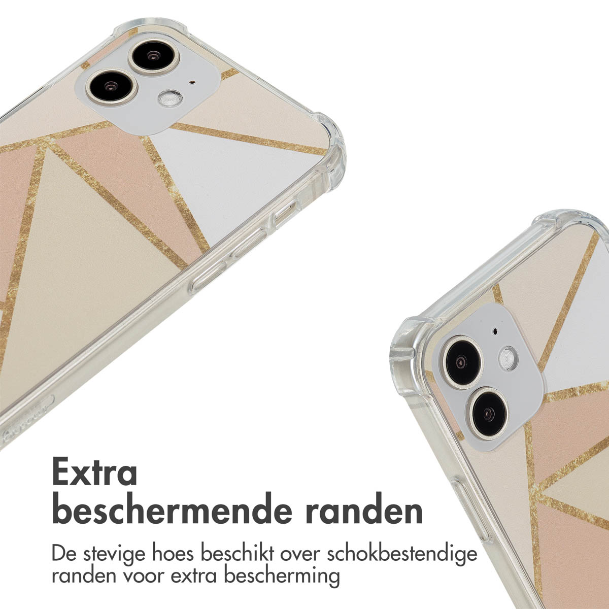 Twee telefoonhoesjes met een geometrisch patroon. Transparante hoesjes met gouden en roze vormen.