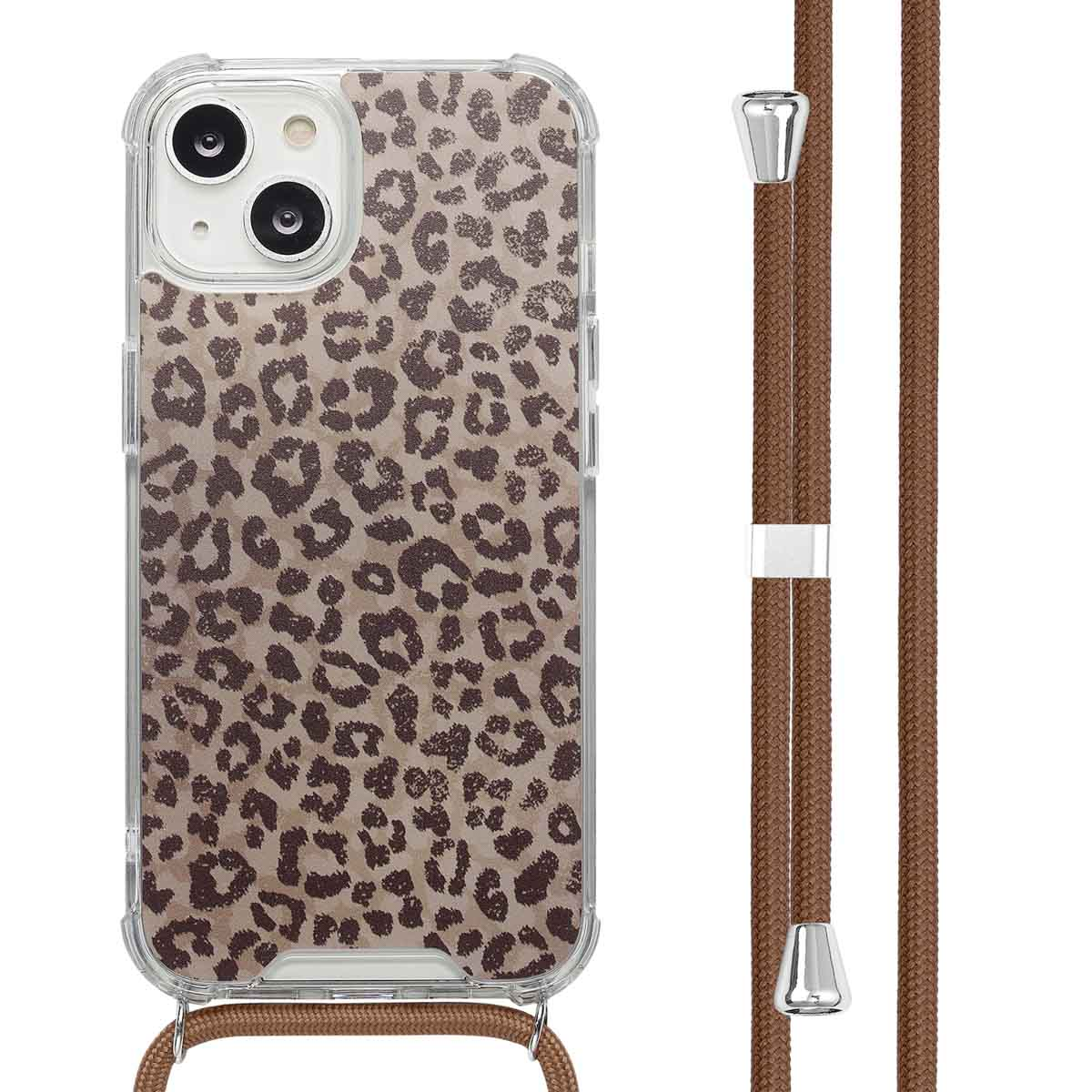 Coque de téléphone avec un motif léopard et une sangle marron avec des détails argentés.
