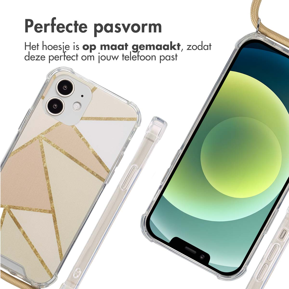 Twee telefoons in doorzichtige hoesjes. Eén met een gouden design, de andere met een scherm aan. Tekst: 'Perfecte pasvorm'.