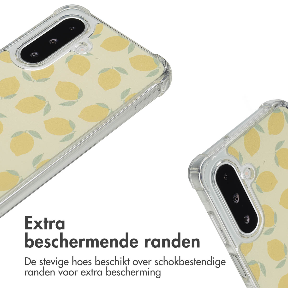 Twee telefoonhoesjes met citroenpatroon. Transparante hoesjes met gele citroenen.