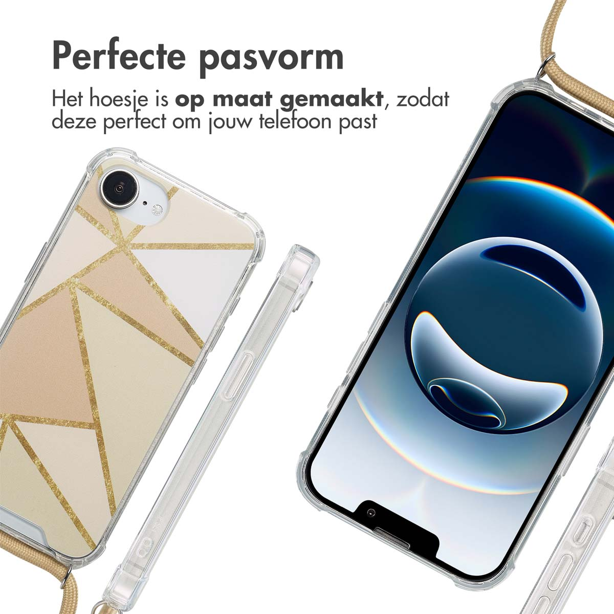 Coque de téléphone avec un motif géométrique et un téléphone. La coque a des formes dorées et roses.