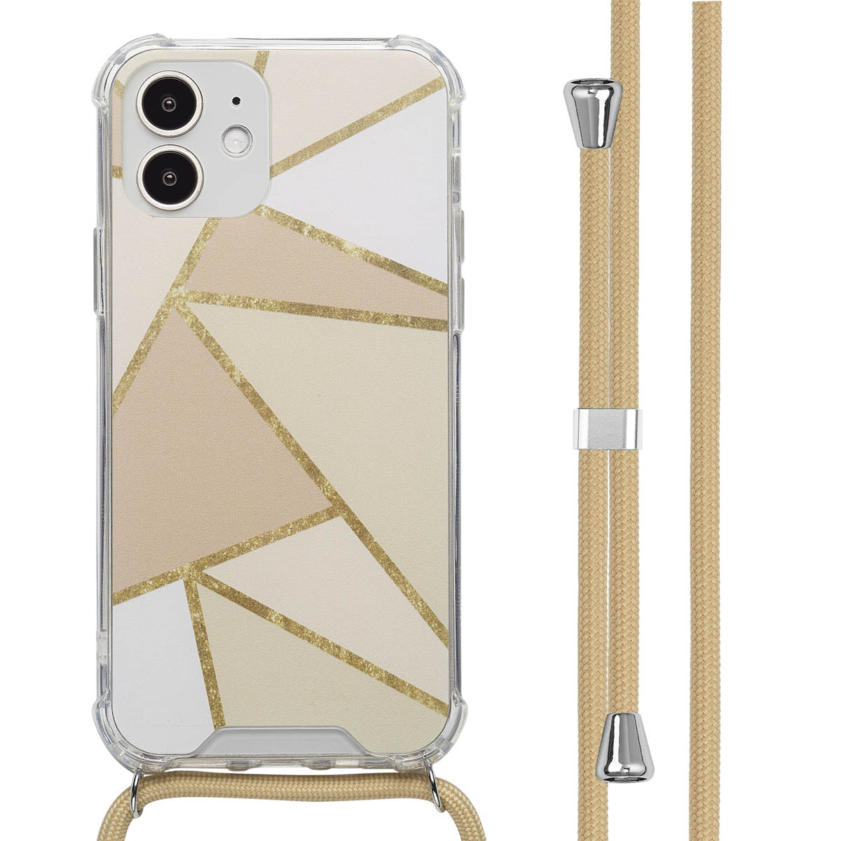 Telefoon met een geometrisch patroon en een beige lanyard met gouden accenten, op een witte achtergrond.