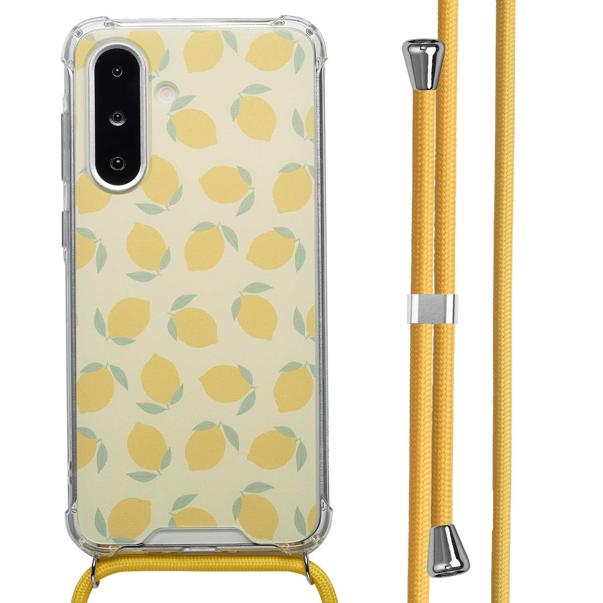 Telefoonhoesje met citroenpatroon en een koord. De hoes heeft gele citroenen.