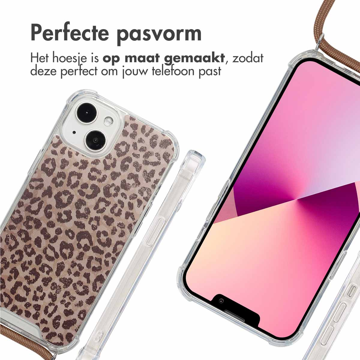 Twee telefoonhoesjes met luipaardprint, schuin. Eén hoesje met een telefoon erin, de andere leeg. Bruine band zichtbaar.