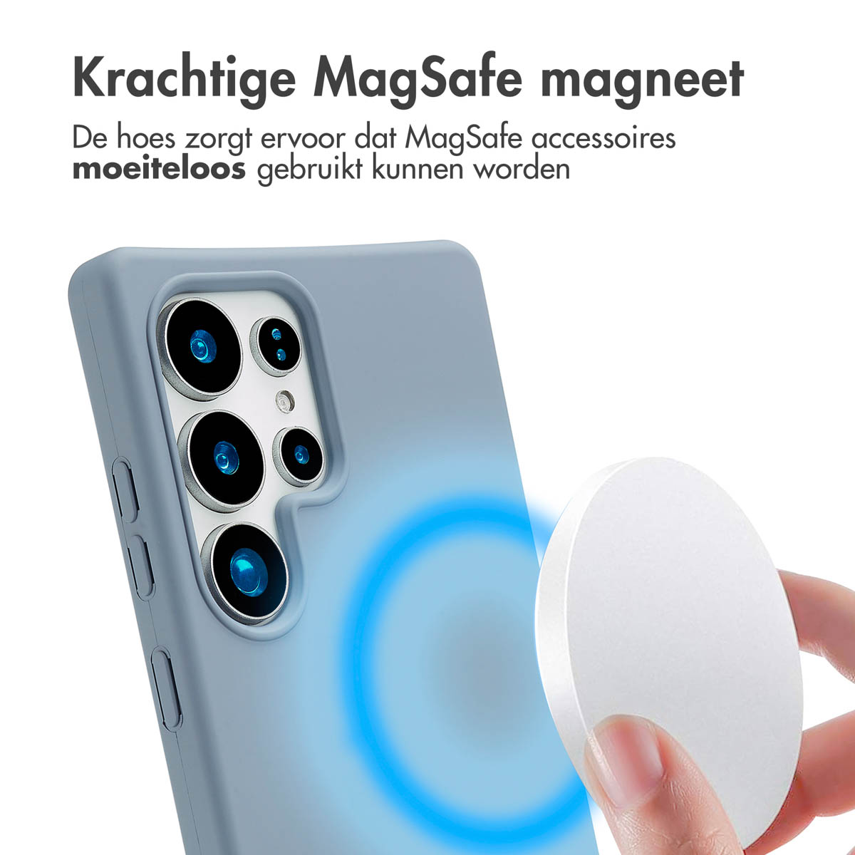 Een telefoonhoesje met een blauwe case en een witte MagSafe-accessoire. Er komt een blauwe gloed uit.