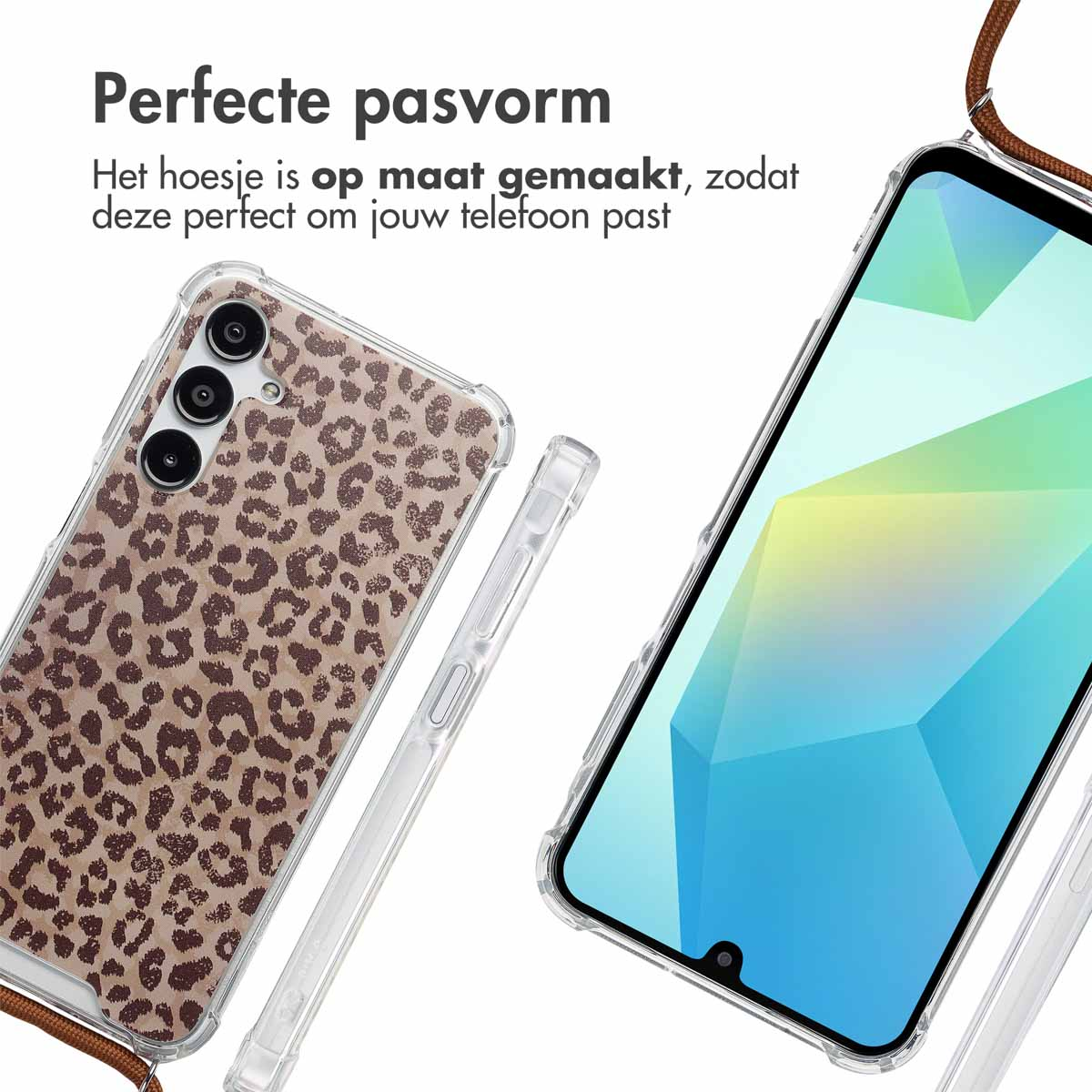 Telefoonhoesje met luipaardprint en een telefoon. De hoes is transparant met bruine vlekken.