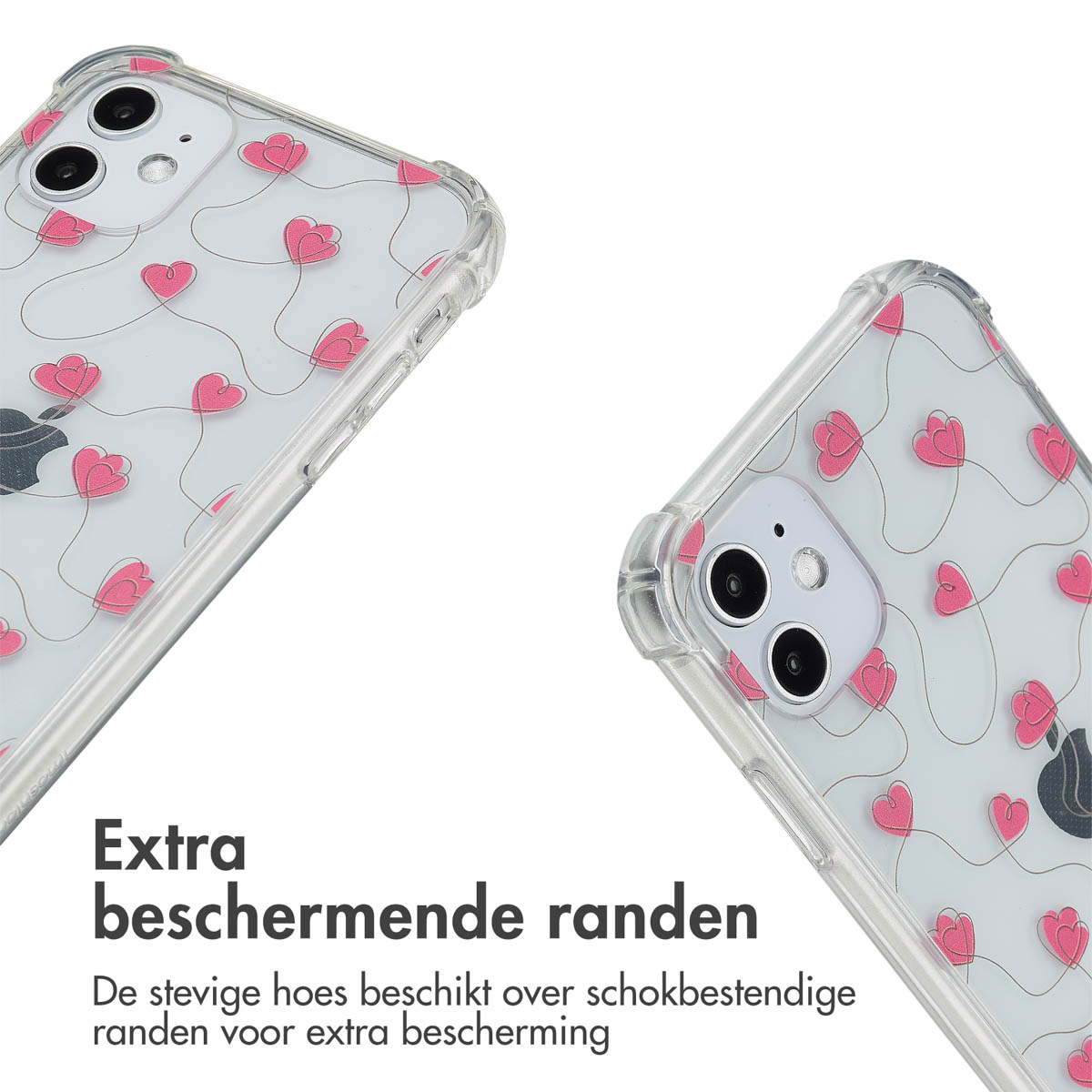 Twee telefoonhoesjes met een hartpatroon. De hoesjes staan op een witte achtergrond.