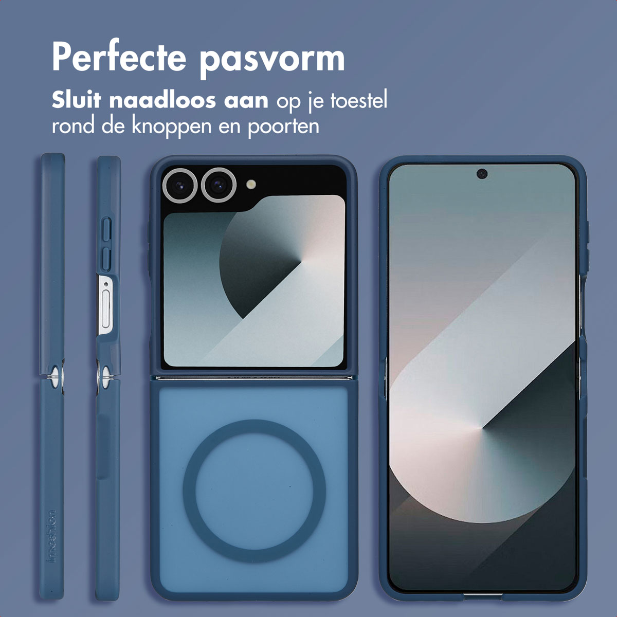 Trois coques de téléphone bleues sont présentées, une ouverte. L'arrière-plan est bleu.