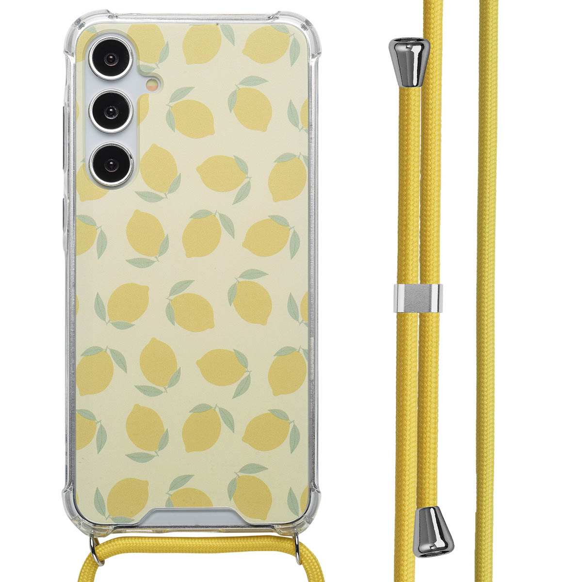 Une coque de téléphone avec un motif de citron et une sangle jaune sont présentées sur un fond blanc.