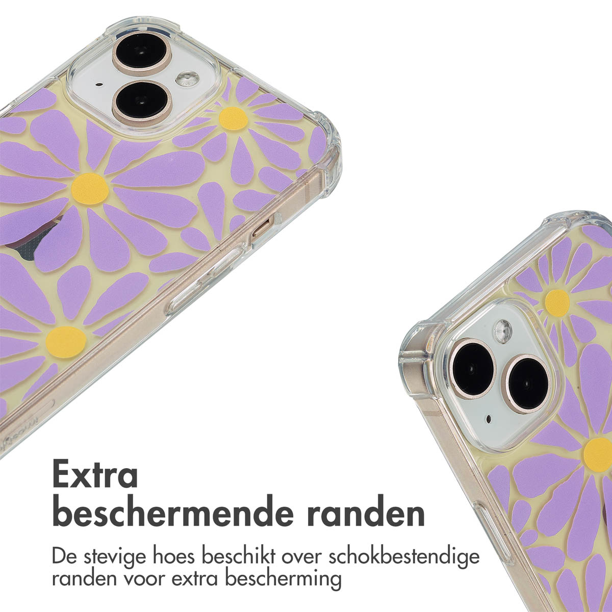 Twee telefoonhoesjes met een madeliefpatroon. De hoesjes staan op een witte achtergrond.