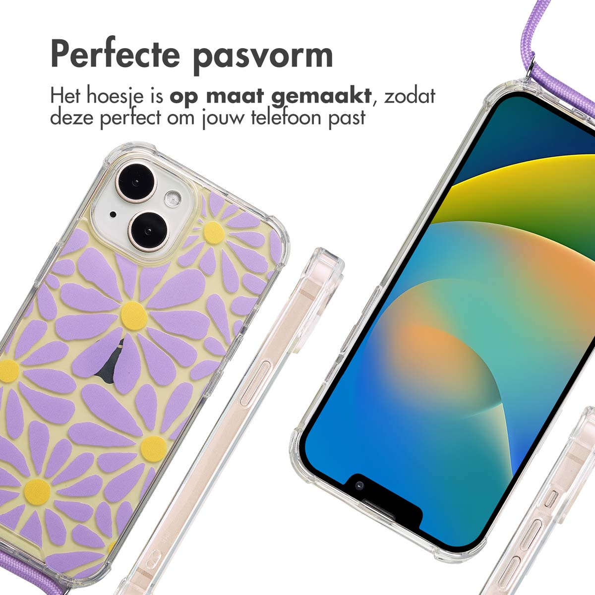 Twee telefoons in doorzichtige hoesjes. Eén heeft madeliefjes, de andere heeft een scherm aan. Tekst: 'Perfecte pasvorm'.