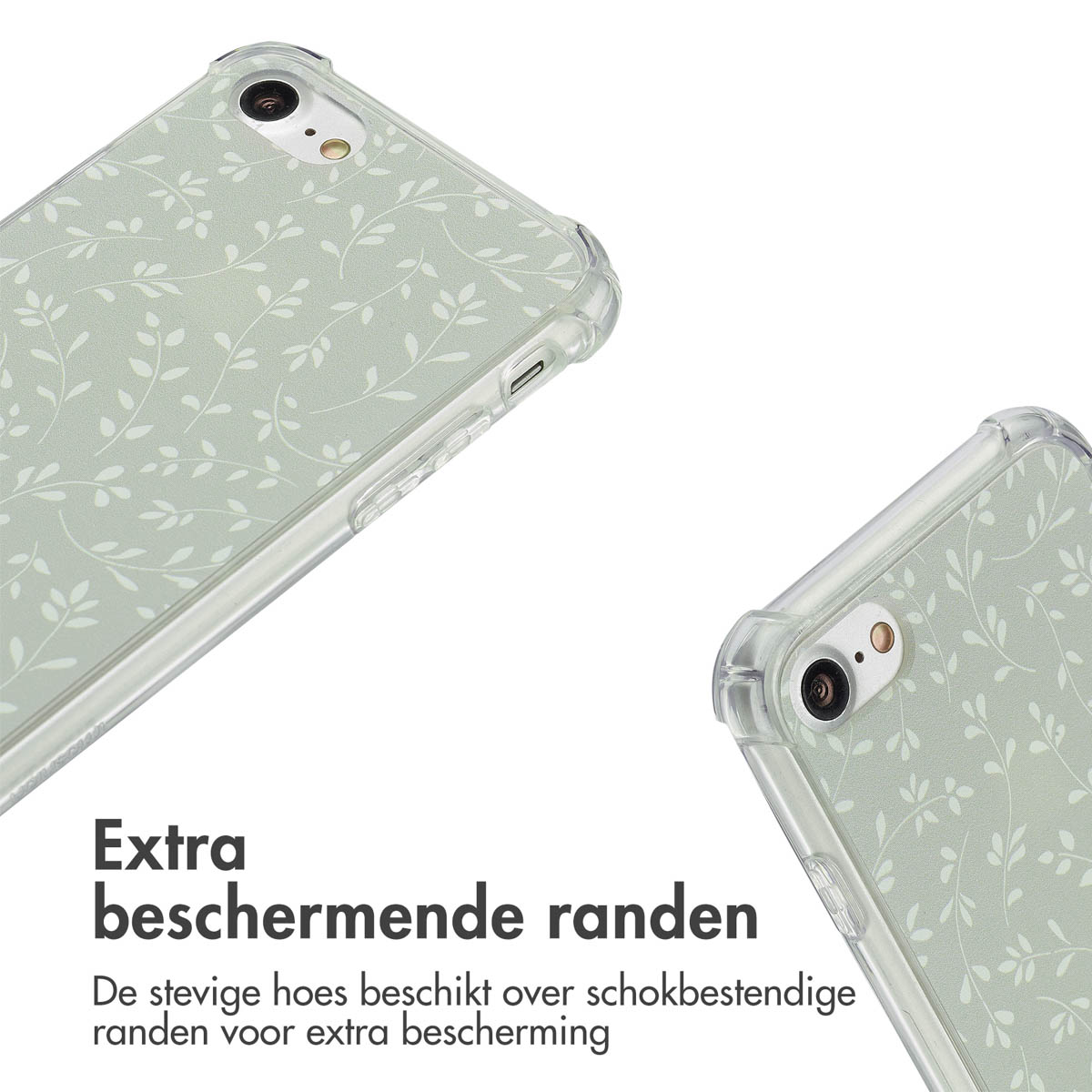 Twee telefoonhoesjes met een bladerpatroon. De hoesjes staan op een witte achtergrond.