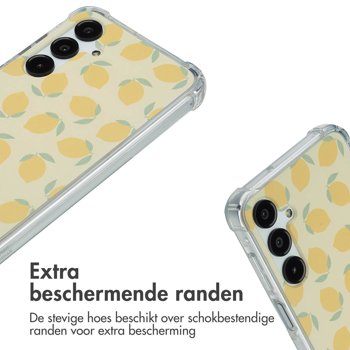 Twee telefoonhoesjes met een citroenpatroon. De hoesjes staan op een witte achtergrond.